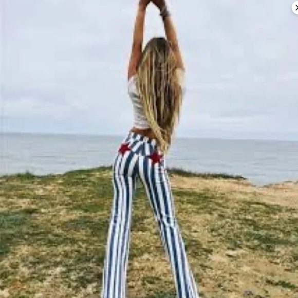 We The Free Denim - WE The FREE People Firecracker Striped Flare Jeans Red Star Pockets NEW READ